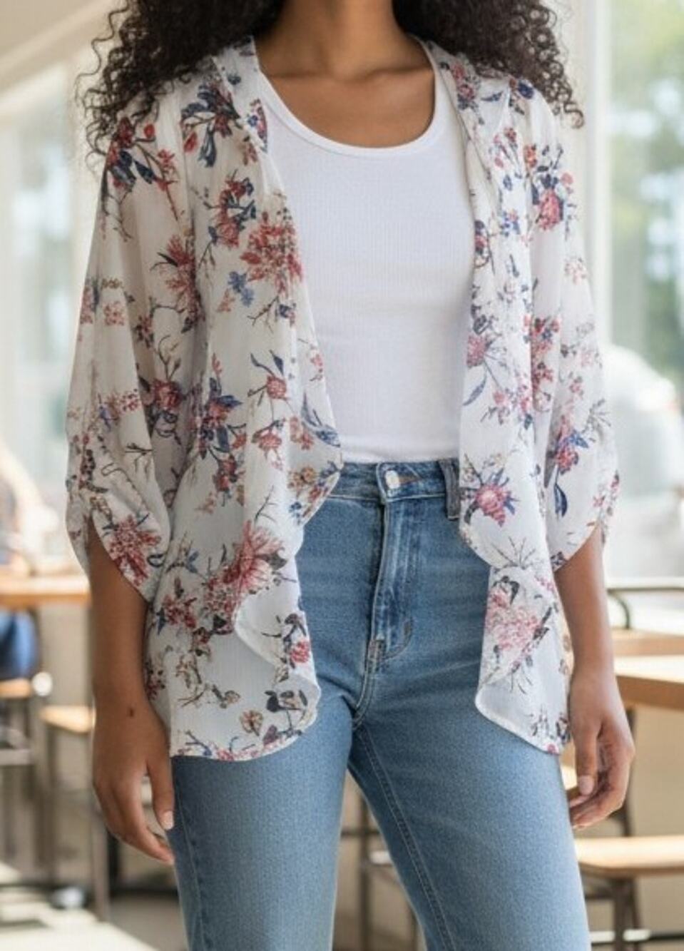 Kaii Los Angeles Top Women Small White Floral 3/4 Sleeve Cardigan